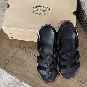 Kork-Ease Black Leather Multi-Strap Wedge Sandals